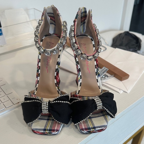 Betsey Johnson Shoes - Betsey Johnson Plaid Heels with Black Bow and Rhinestones